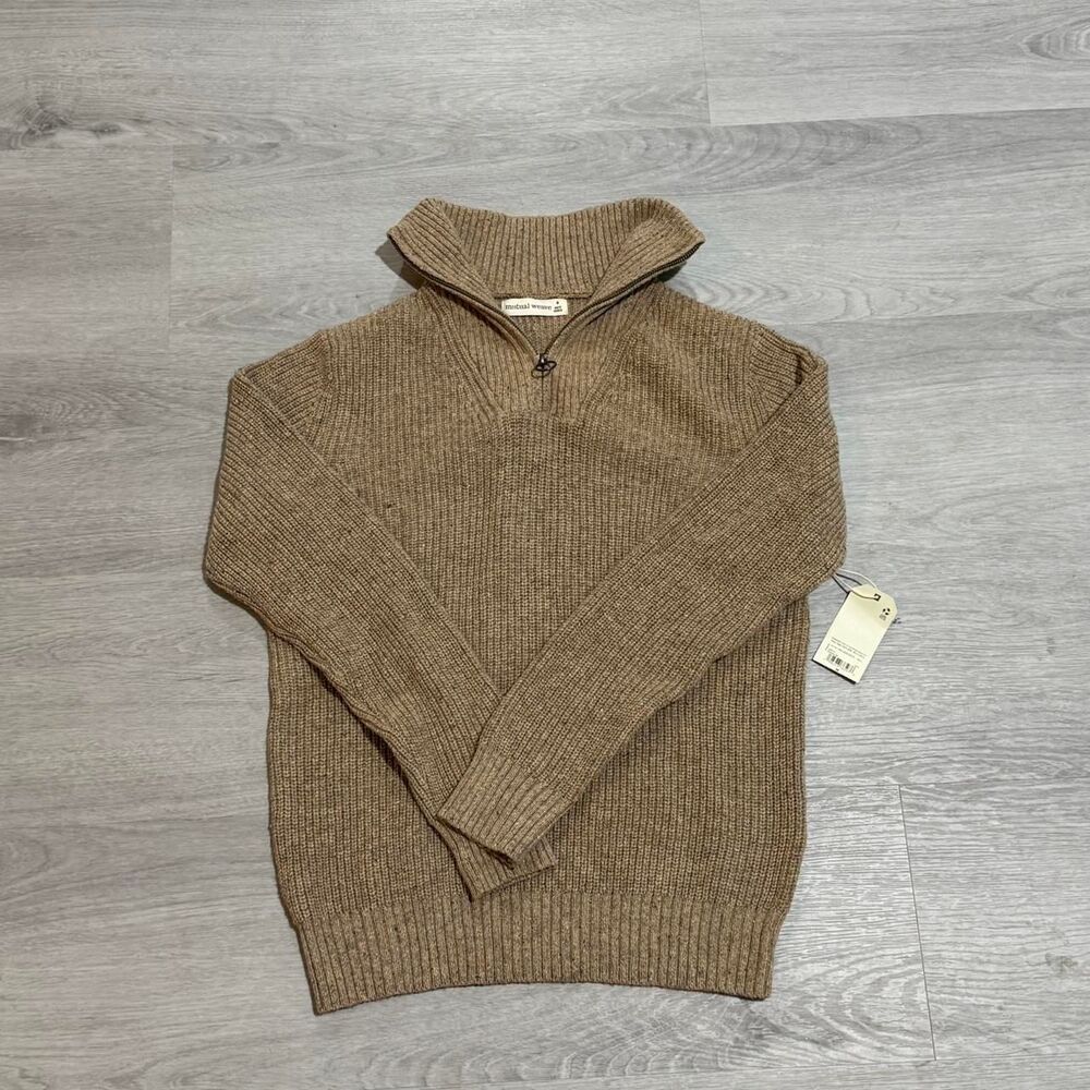 Mutual-weave Men's Brown and Tan Knit Quarter Zip Sweater